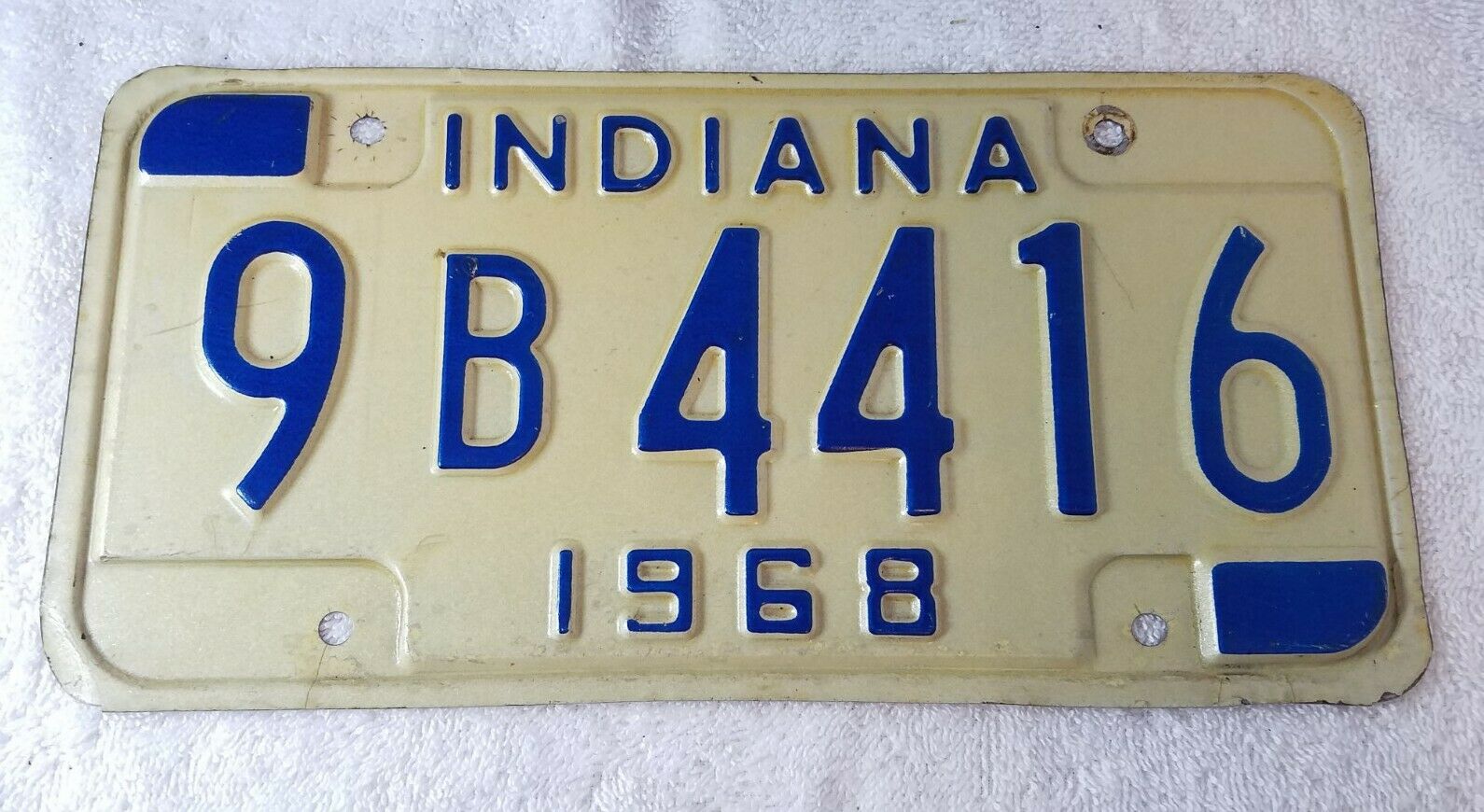 Antique 1968 Indiana License Plate White With Blue Lettering # 9b4416