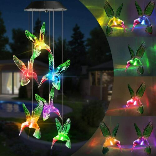 Color Changing Solar Powered Led Hummingbird Wind Chimes Light Garden Decor Lamp