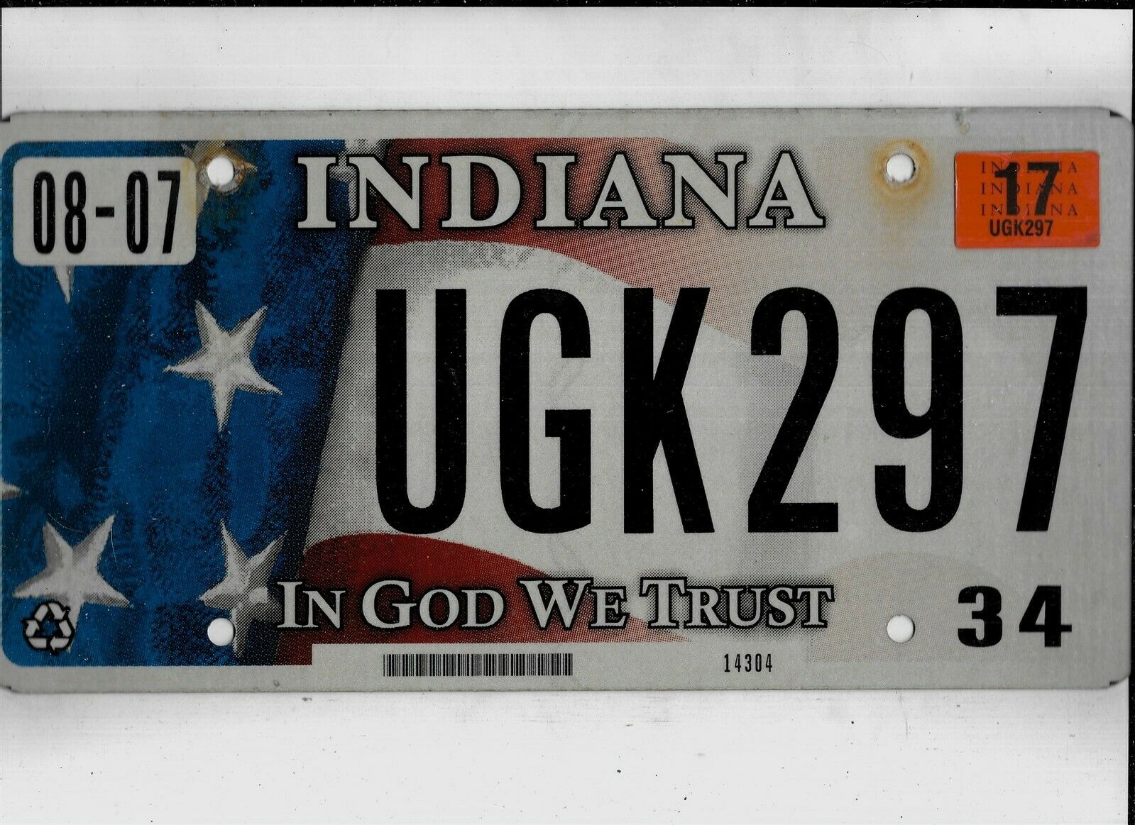Indiana Passenger 2017 License Plate "ugk 297" ***howard***in God We Trust***
