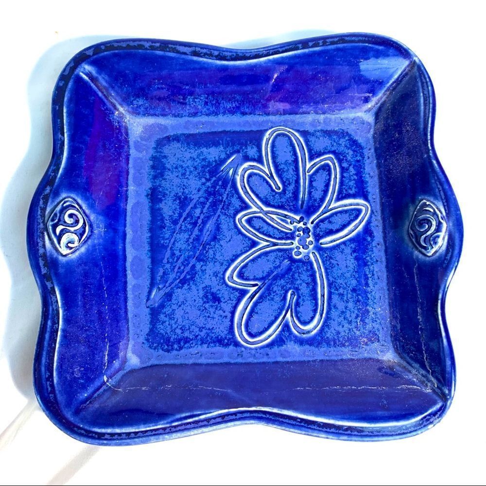 Cobalt Blue Pottery Ceramic Dish Artist Signed