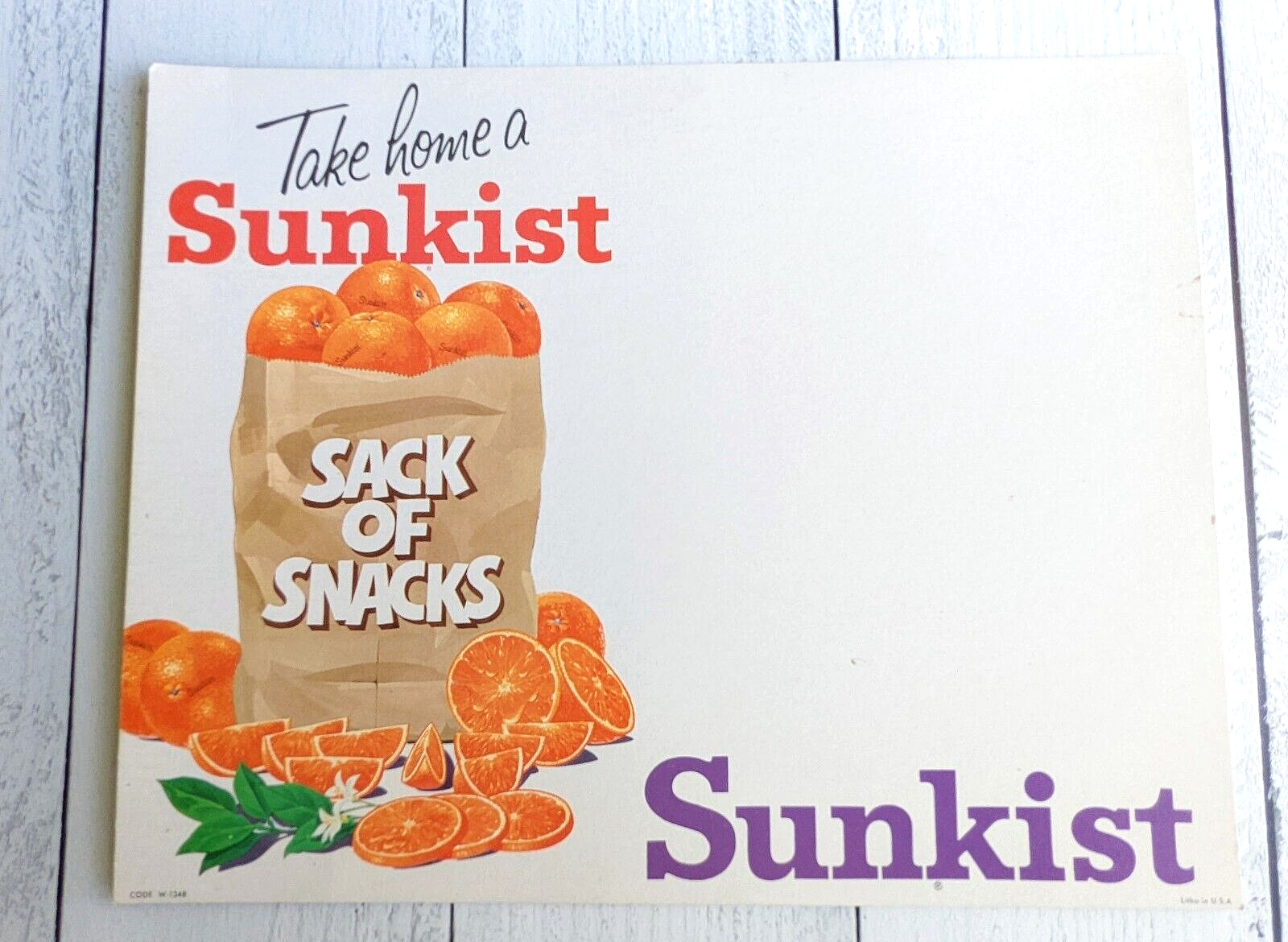 Sunkist Oranges Snack Sack Supermarket Advertising  Cardboard Sign C.1960s Prop