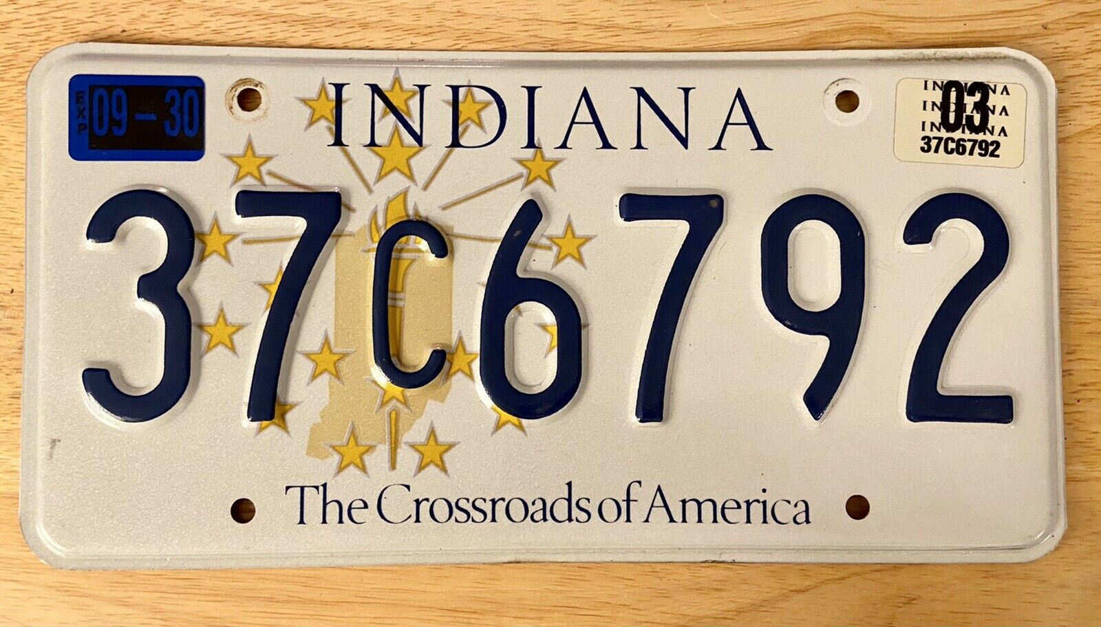 Indiana Car Auto License Plate 37C6792, Crossroads Of America, embossed aluminum