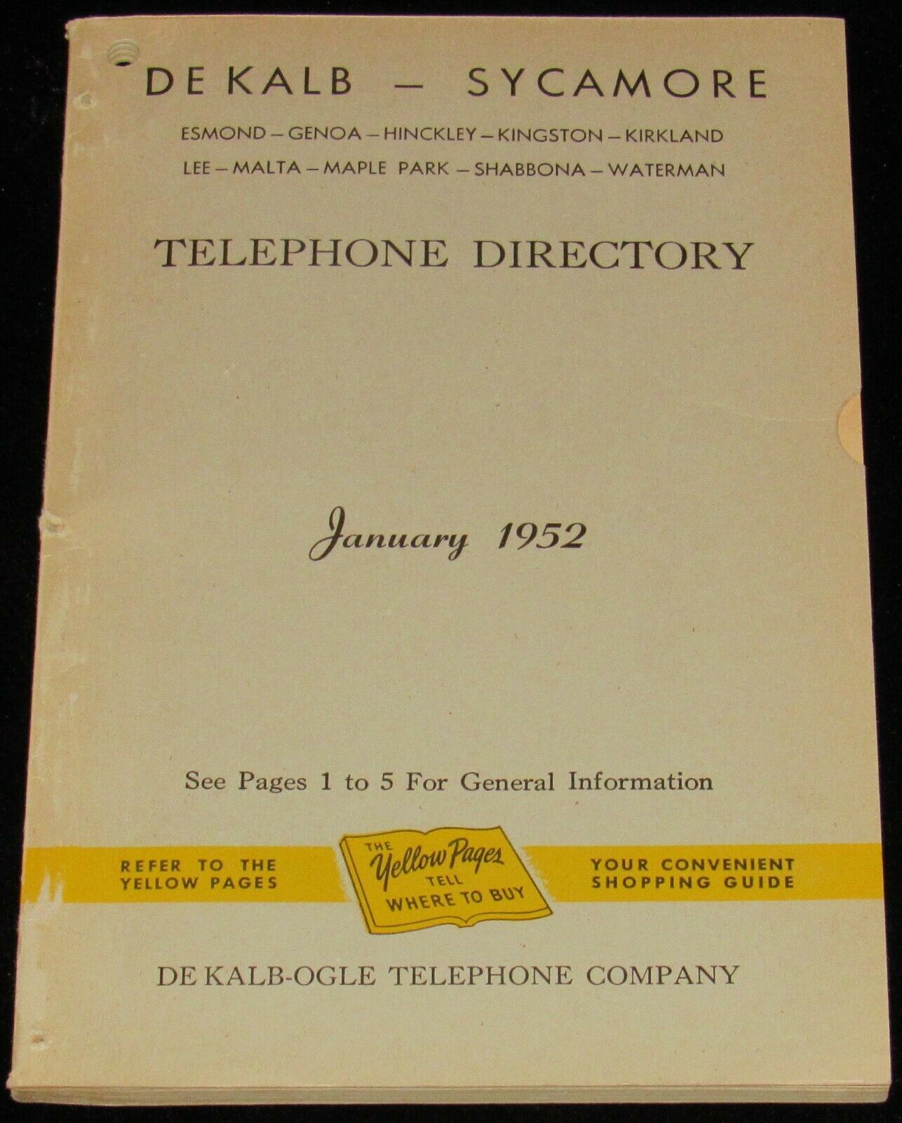 1952 Illinois Telephone Directory, De Kalb, Genoa, Sycamore, Kingston, Kirkland
