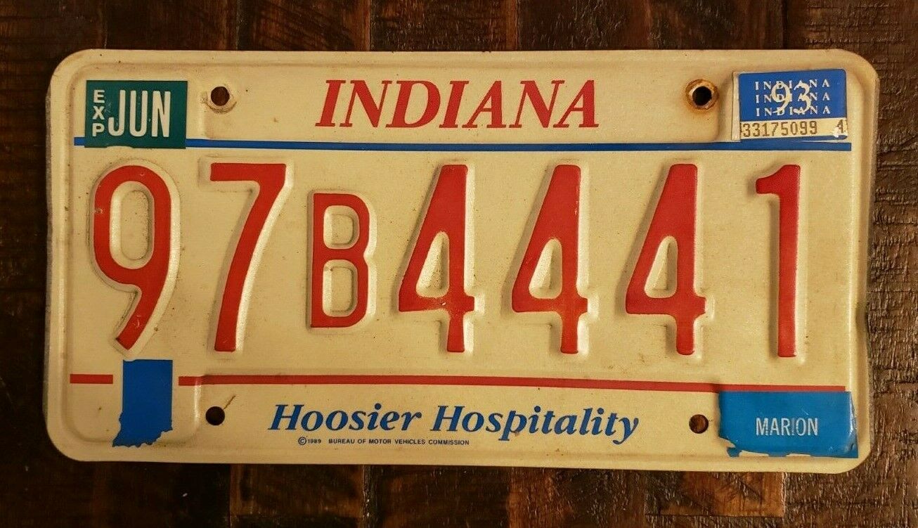 1993 Indiana Hoosier Hospitality License Plate 97b4441 Marion Co. Free Shipping