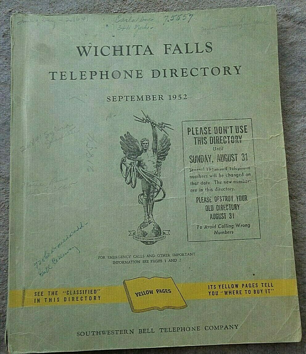 September 1952 Wichita Falls Telephone Directory Book Texas