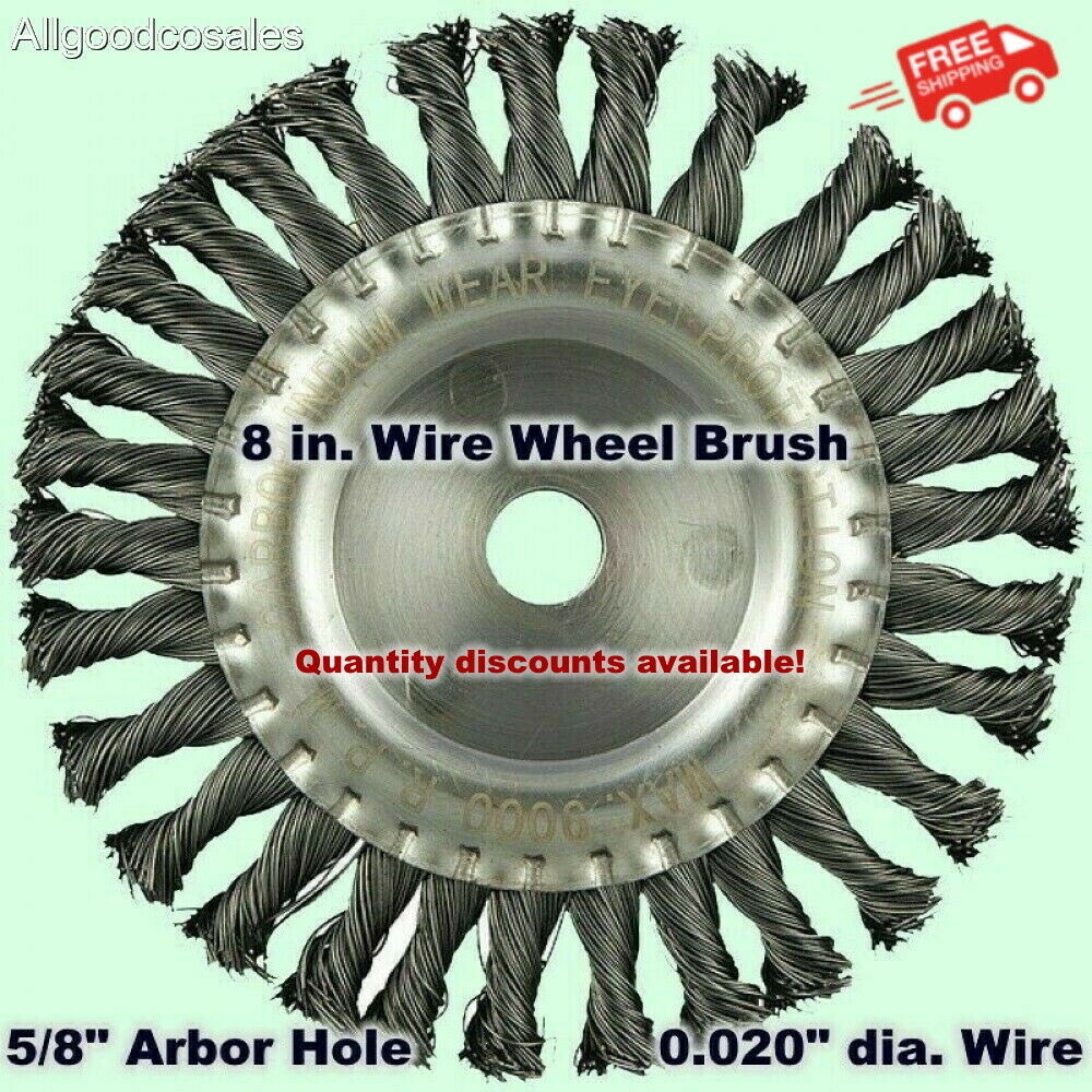 8" Wire Wheel Brush Twisted Carbon Steel 5/8" Arbor Hole 0.020" Dia. Wire