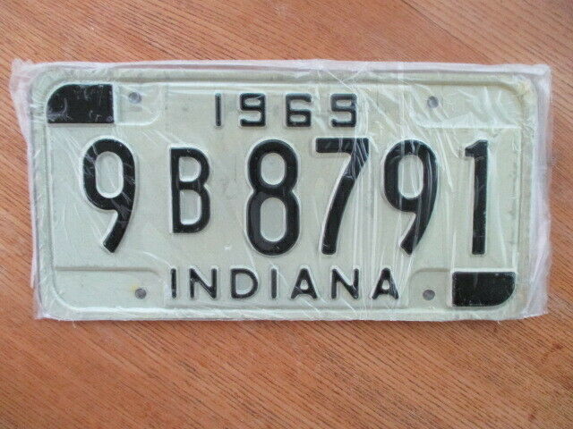1969 Indiana License Plate - 9 B 8791  - Embossed - NOS in plastic wrapper