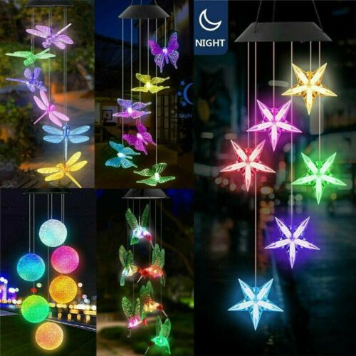 Color Changing Solar Wind Chimes Lights LED Hanging Hummingbird Ball Garden Lamp