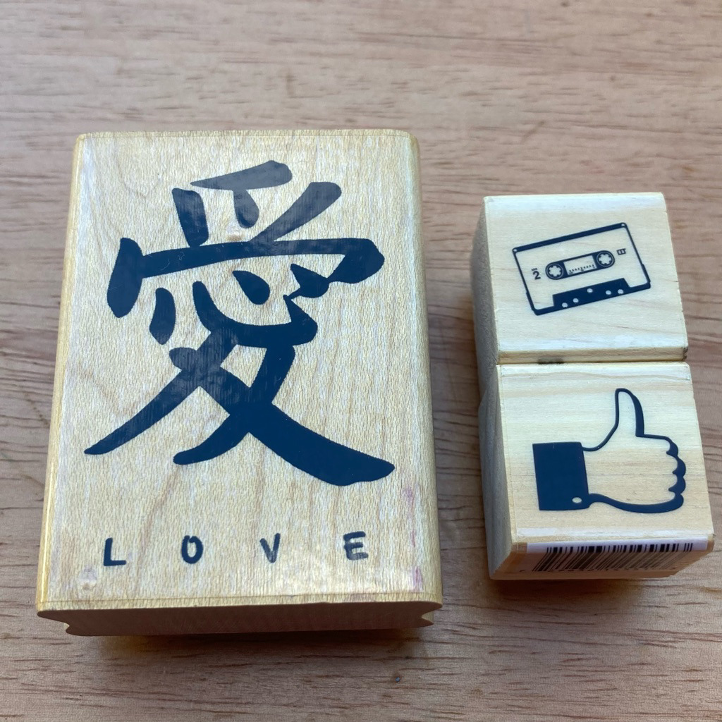 Rubber Stamp Trio Set, Love” Japanese Character, Retro Cassette Tape, Thumbs Up