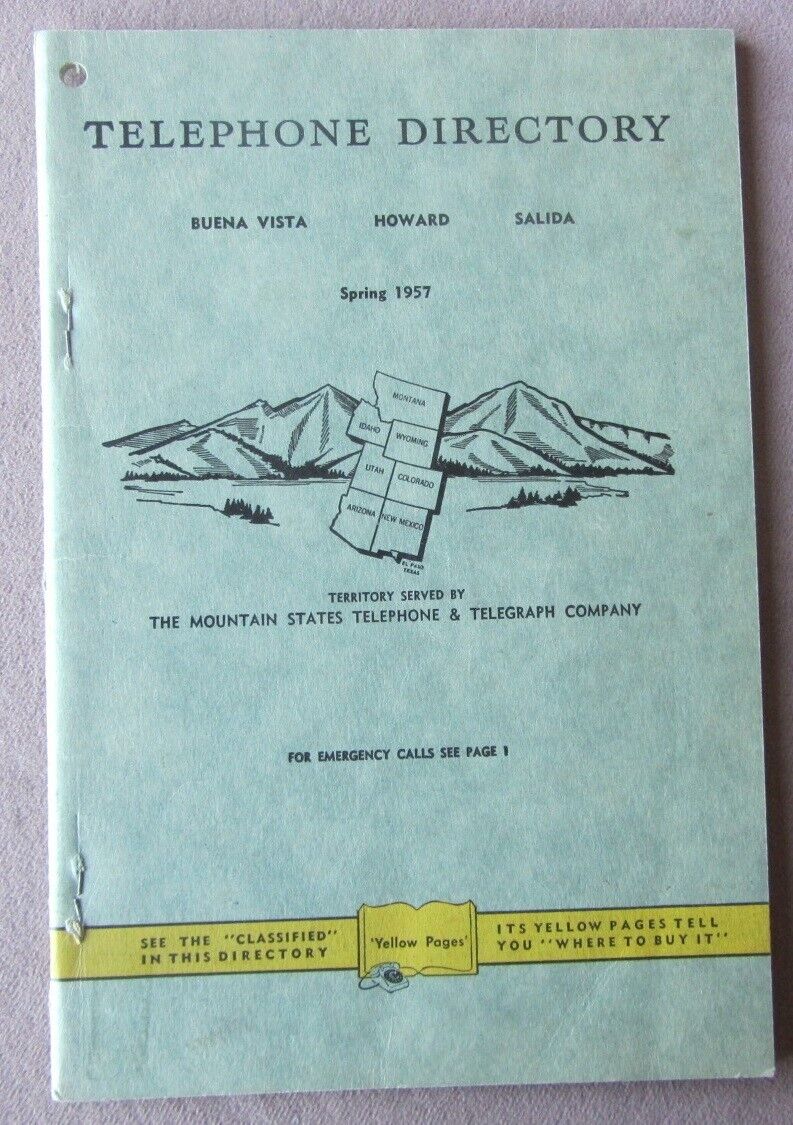 1957 Telephone Directory * Buena Vista Howard Salida Colorado * Mountain States