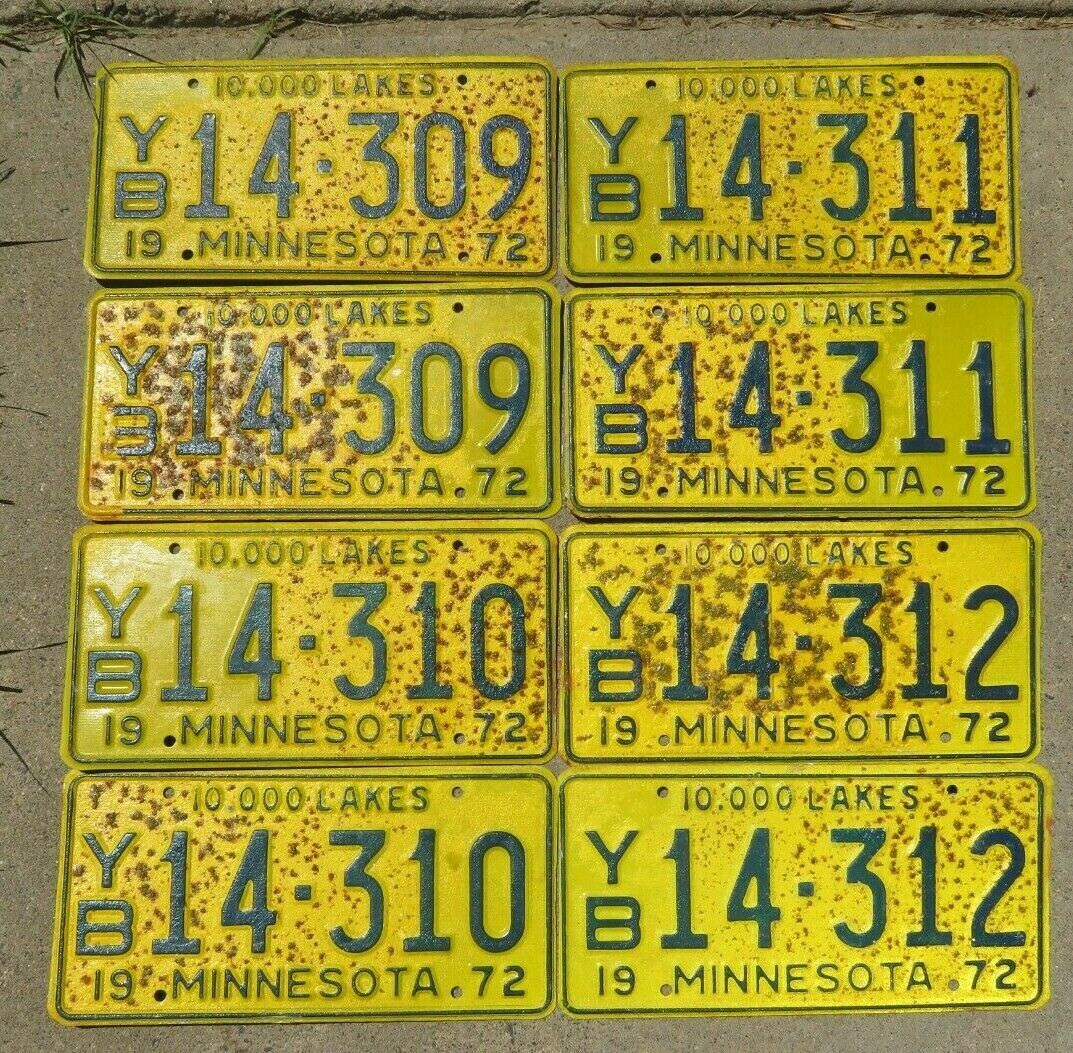 4 Consecutive 1972 Minnesota License Plate Pairs! ~ Rare ~ 10,000 Lakes Mn Sets