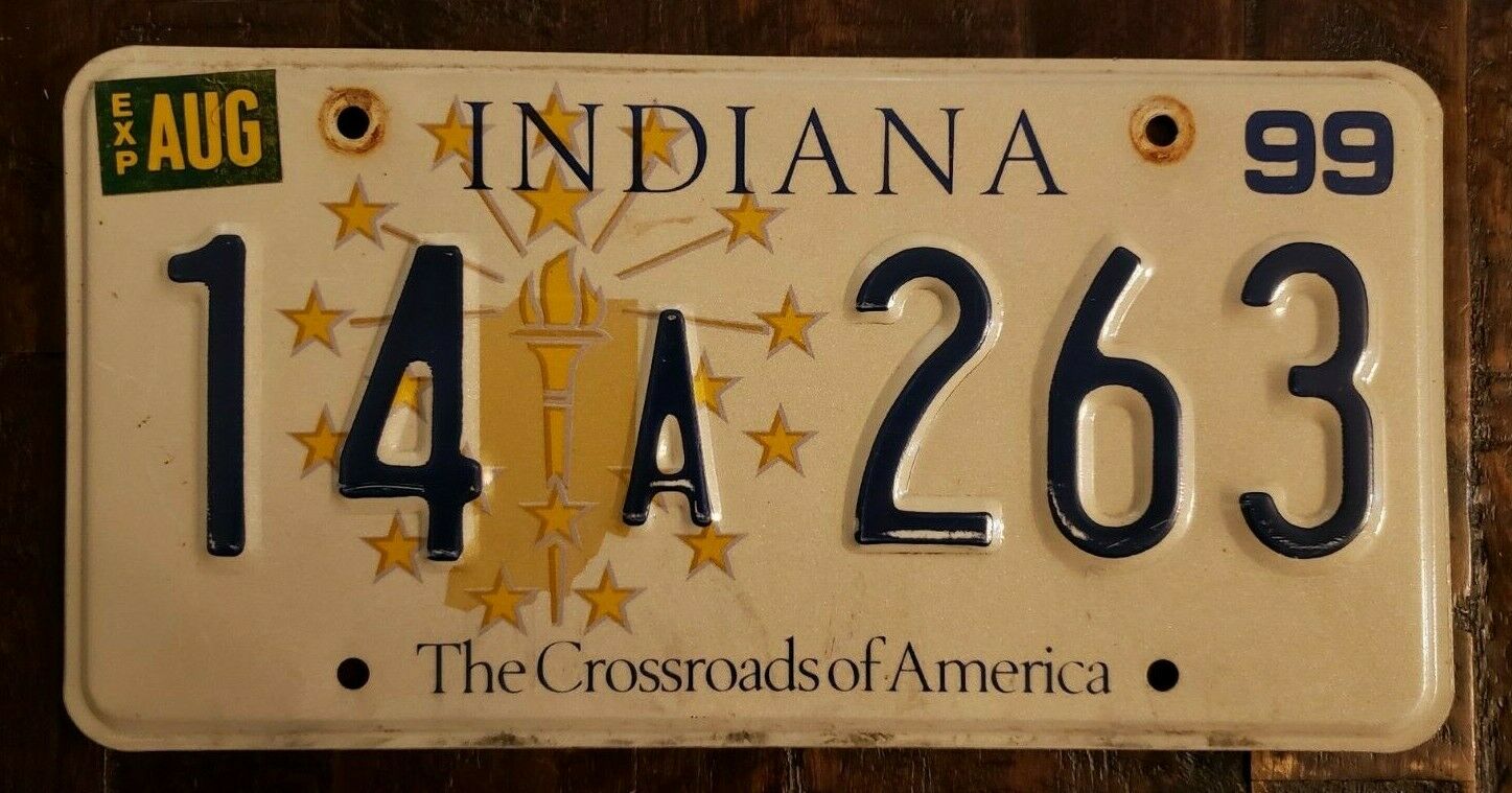 1999 INDIANA The Crossroads of America License Plate 14 A 263.  Free Shipping
