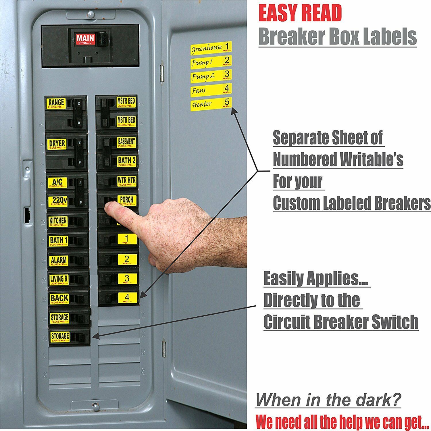 Easy Read Circuit Breaker labels that apply directly to Switch universal fit Lot