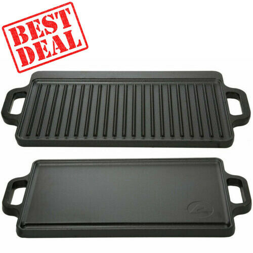 Reversible Cast Iron Grill Griddle Pan Ribbed/flat Hamburger Steak Stove Top Fry