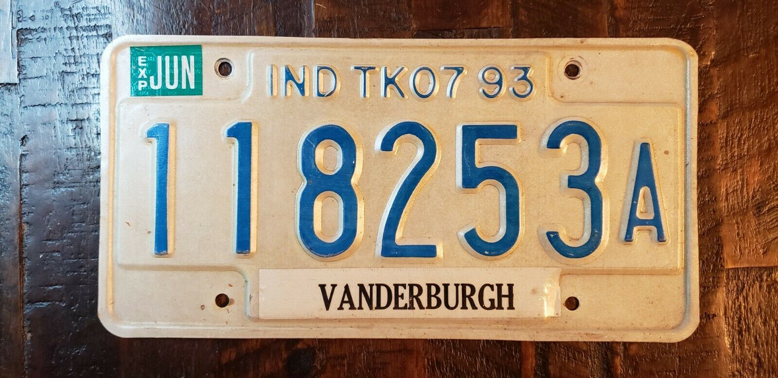 1993 INDIANA License Plate: 118253A Vanderburgh County.  Free Shipping